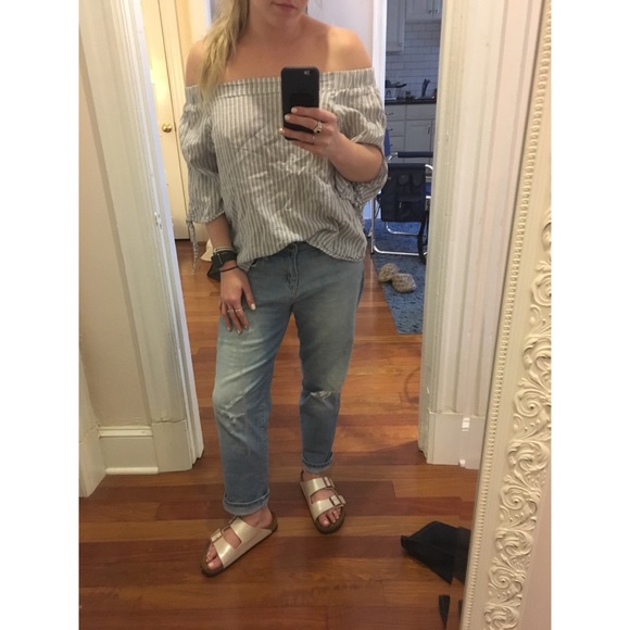 Gray & white striped off the should blouse - Picture 2 of 2